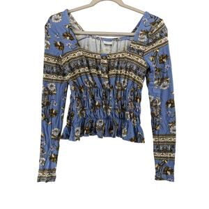 Lascana Floral Fitted Blouse XS Blue Green Smocked Button Up Long Sleeve Ruffled